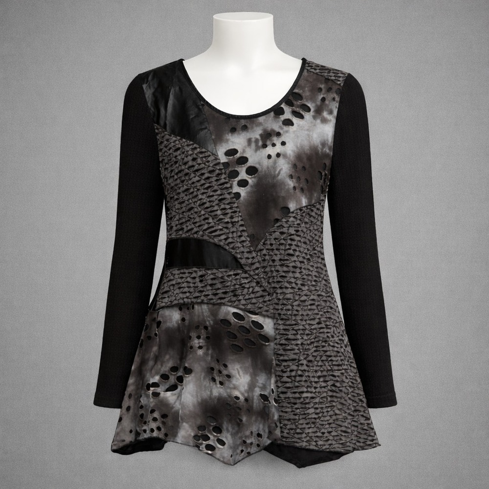 Adore Tunic Top‎ Womens Size L Patchwork Tunic Black Rib Sleeve Cotton Grunge
